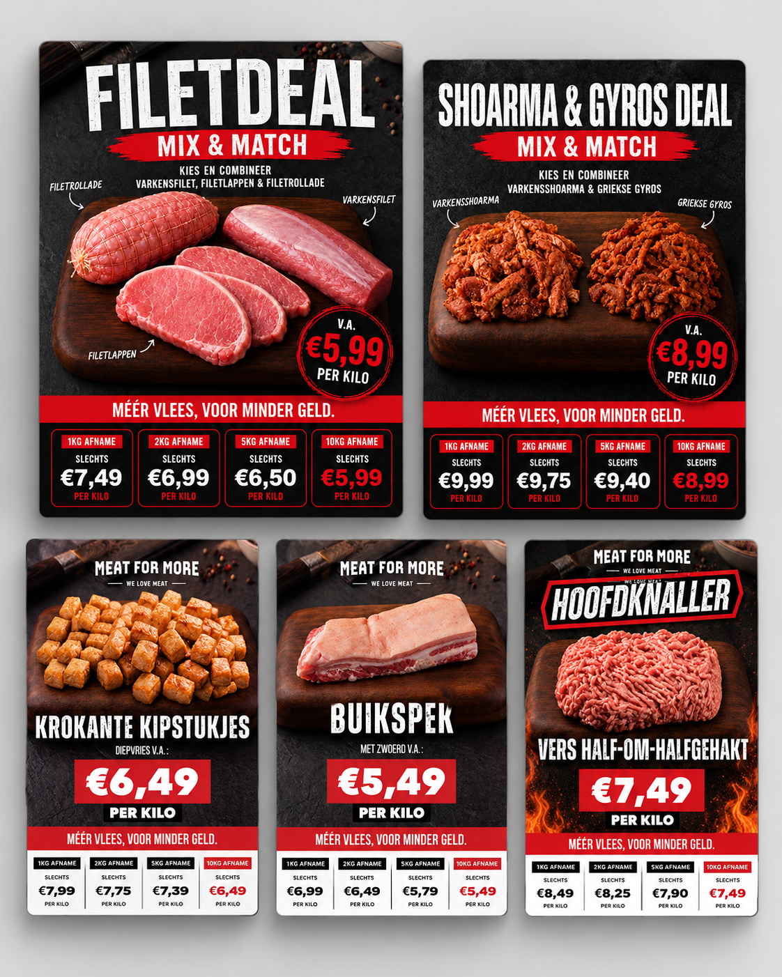 Overzicht van vijf Meat for More Instagram aanbiedingen met productfoto's, prijsinformatie en rood-zwarte vormgeving.