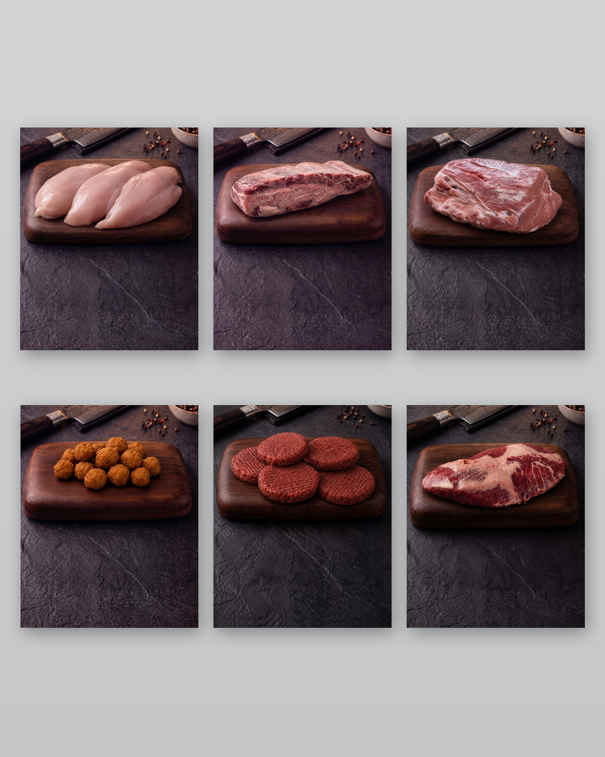 Serie van zes vleesproductfoto's voor Meat for More op donkere achtergronden met houten snijplanken.