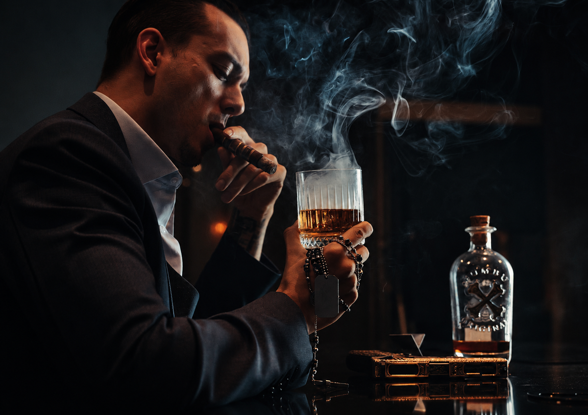 Sfeervol portret met donkere styling en cinematografische belichting