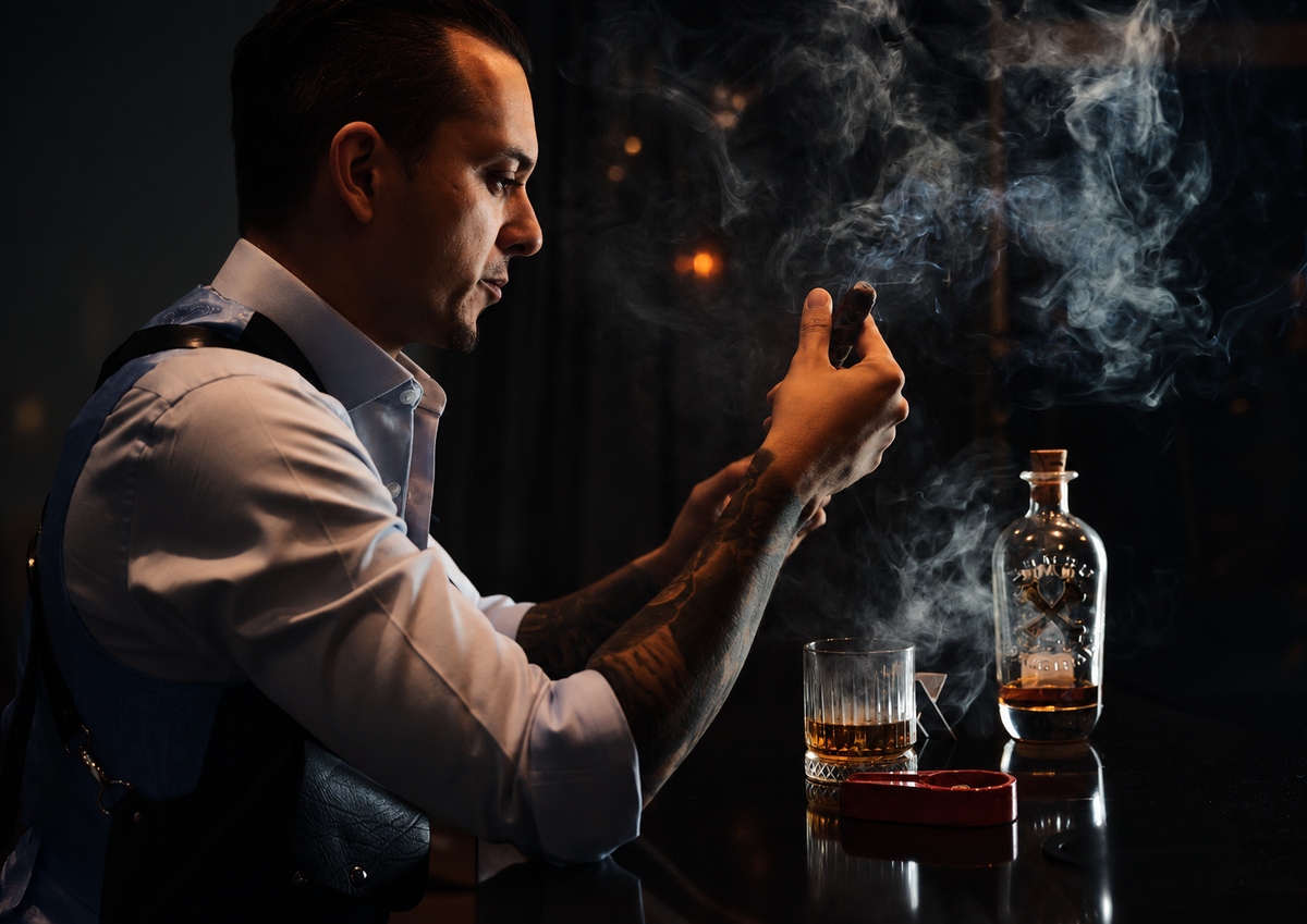 Style portretfotografie van een man in een donkere luxe setting