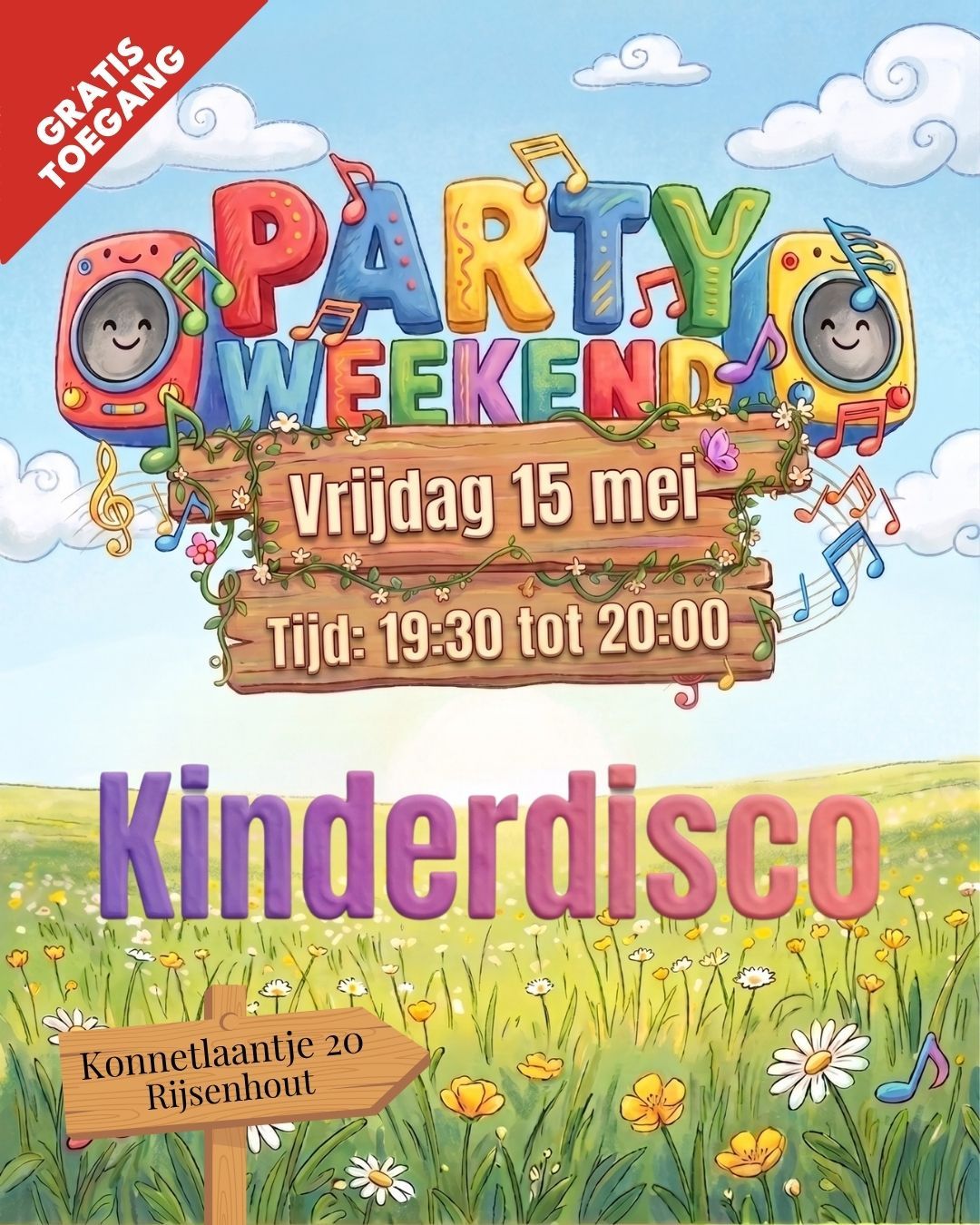 Kleurrijke flyer voor een kinderdisco tijdens Party Weekend